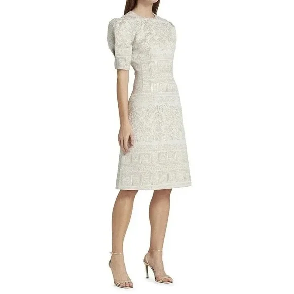 Teri Jon Rickie Freeman Midi Dress 4 Metallic Embroidered Puff Sleeve Event Gala